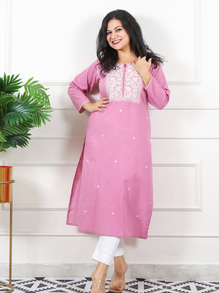 Kashish Fusica Pink Thread Embriodered Work Detailing Cotton Kurti