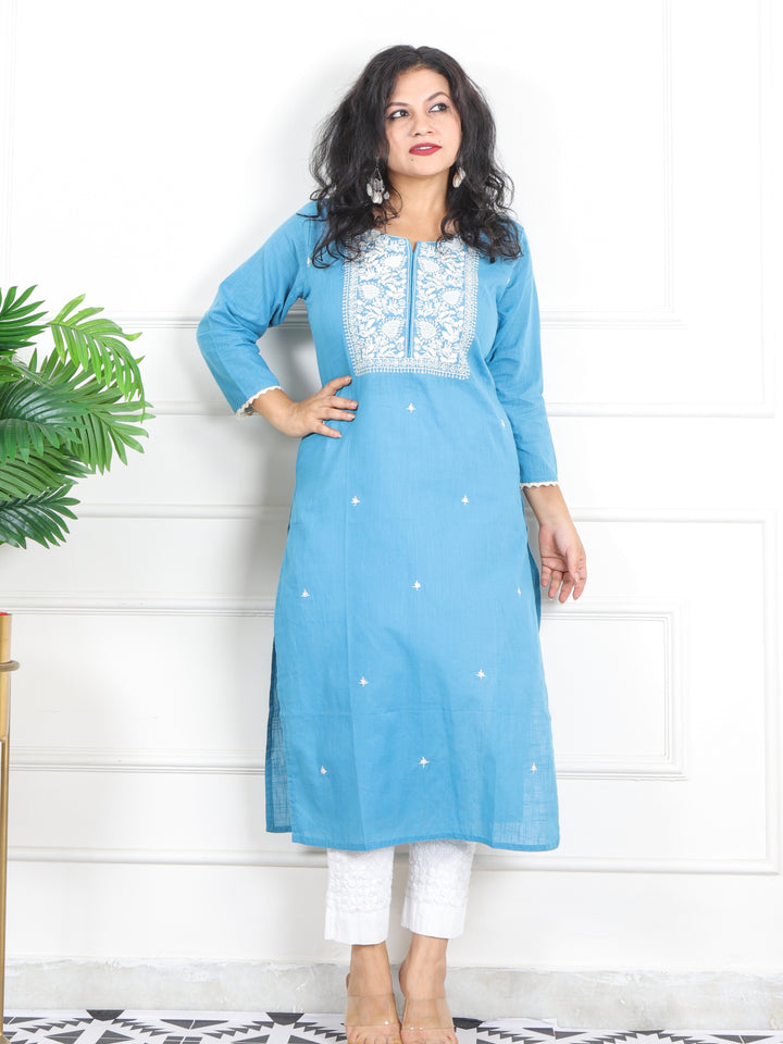 Kashish Sky Blue Thread Embriodered Work Detailing Cotton Kurti