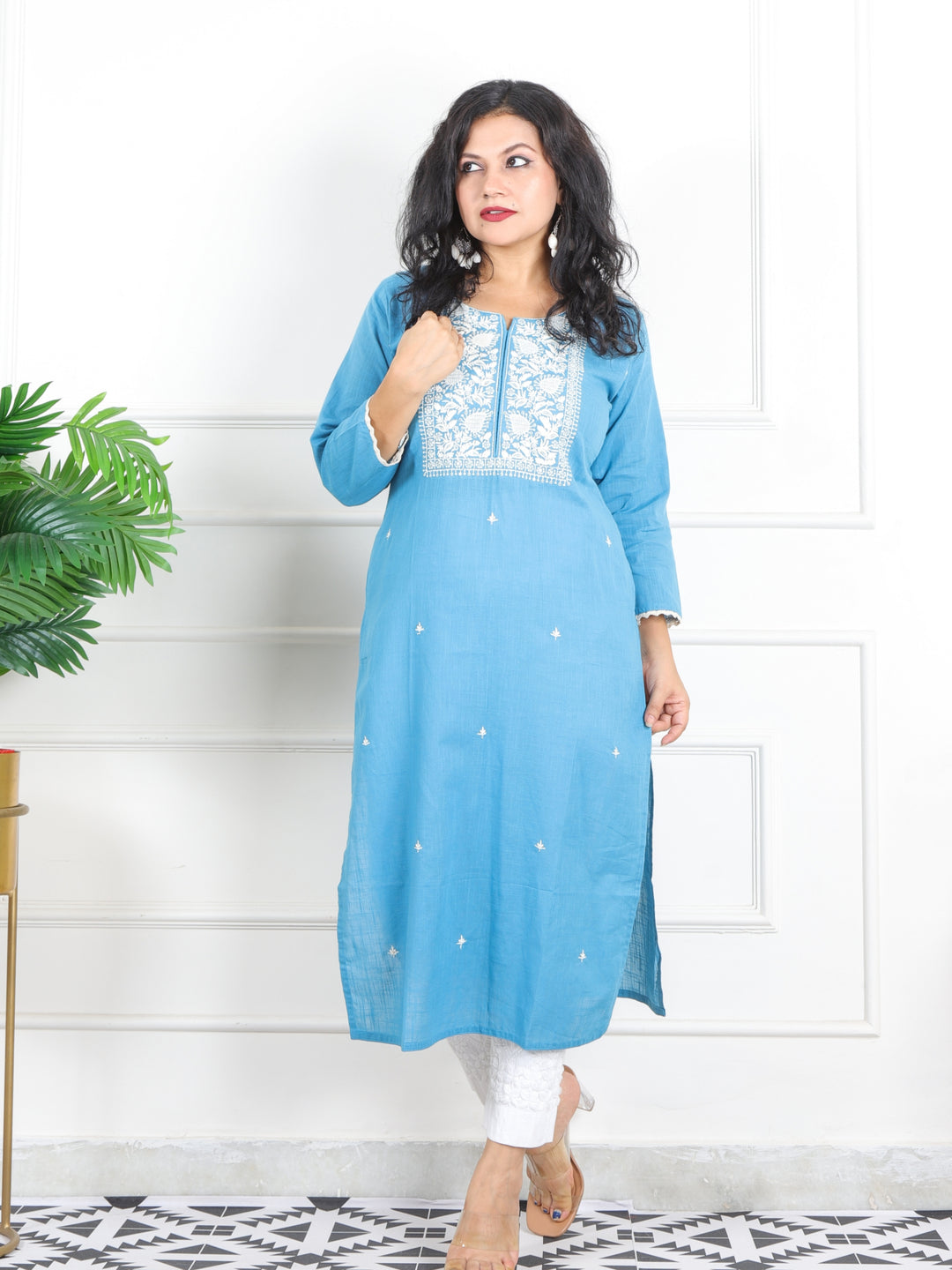 Kashish Sky Blue Thread Embriodered Work Detailing Cotton Kurti