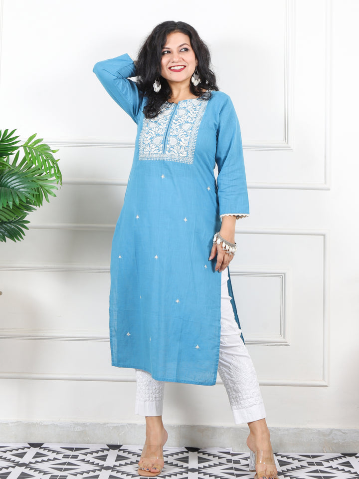 Kashish Sky Blue Thread Embriodered Work Detailing Cotton Kurti