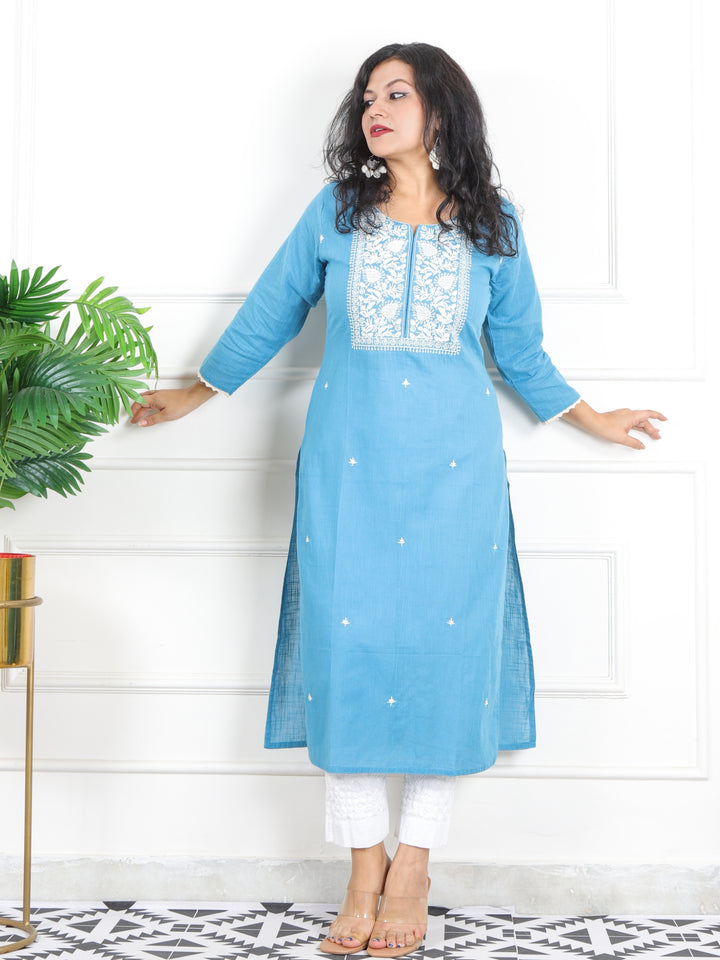 Kashish Sky Blue Thread Embriodered Work Detailing Cotton Kurti