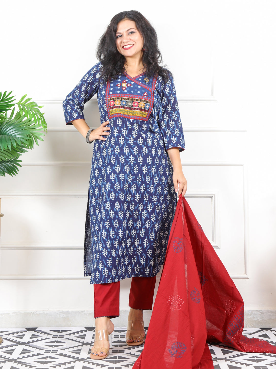 Aawari Indigo Blue Kutch Mirror Work Angrakha Dabu Printed 3 Piece Set