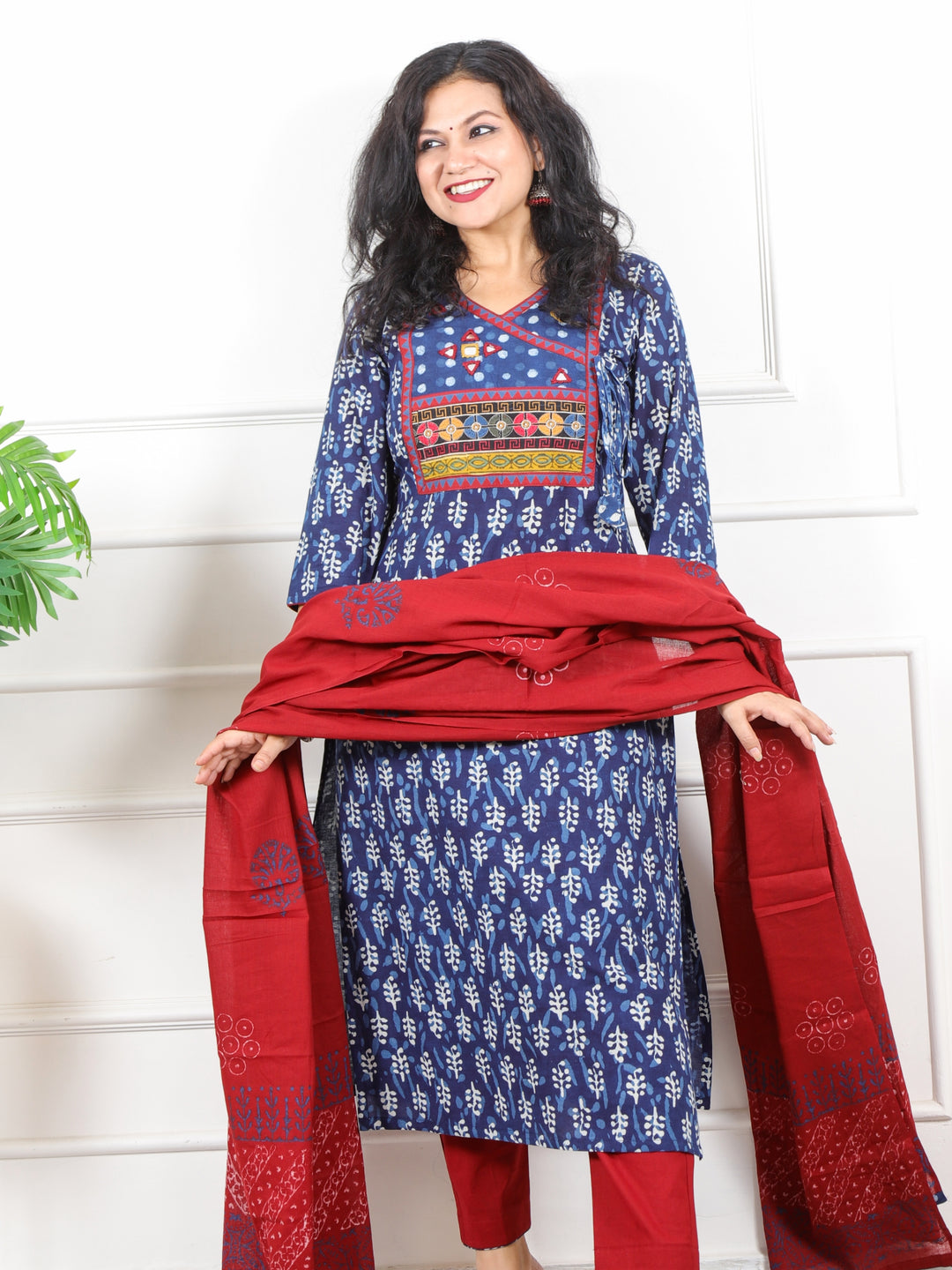 Aawari Indigo Blue Kutch Mirror Work Angrakha Dabu Printed 3 Piece Set