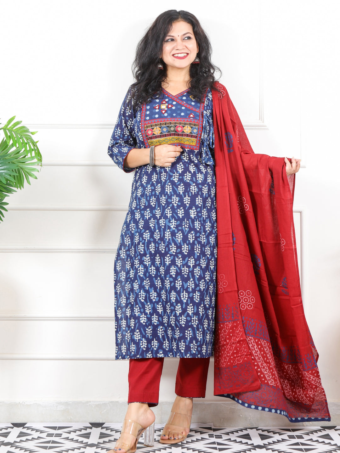 Aawari Indigo Blue Kutch Mirror Work Angrakha Dabu Printed 3 Piece Set