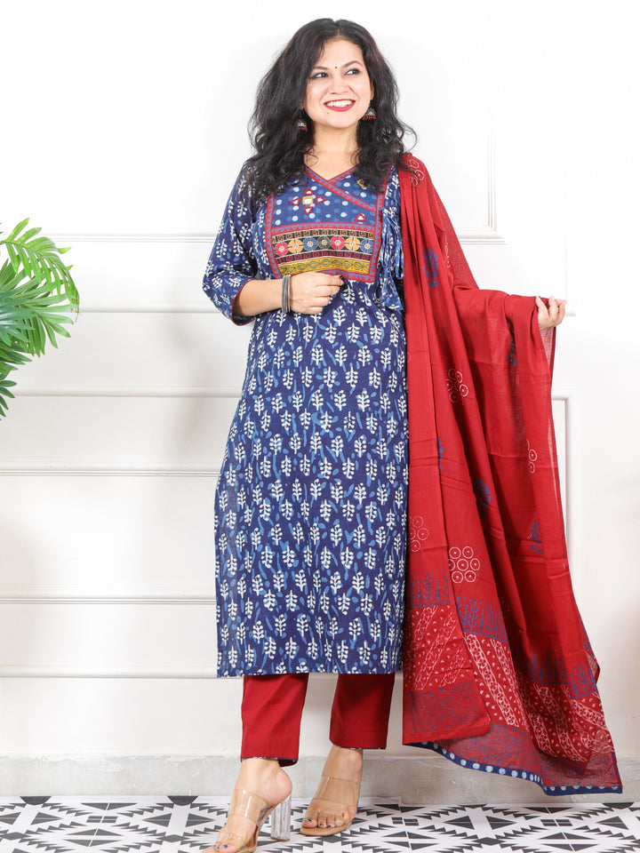 Aawari Indigo Blue Kutch Mirror Work Angrakha Dabu Printed 3 Piece Set