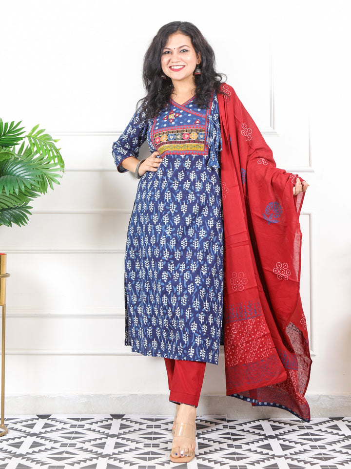 Aawari Indigo Blue Kutch Mirror Work Angrakha Dabu Printed 3 Piece Set