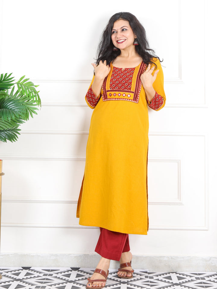 Rivaayi Canary Yellow with Red Printed Kutch Patch Neck Cotton Flex Kurti