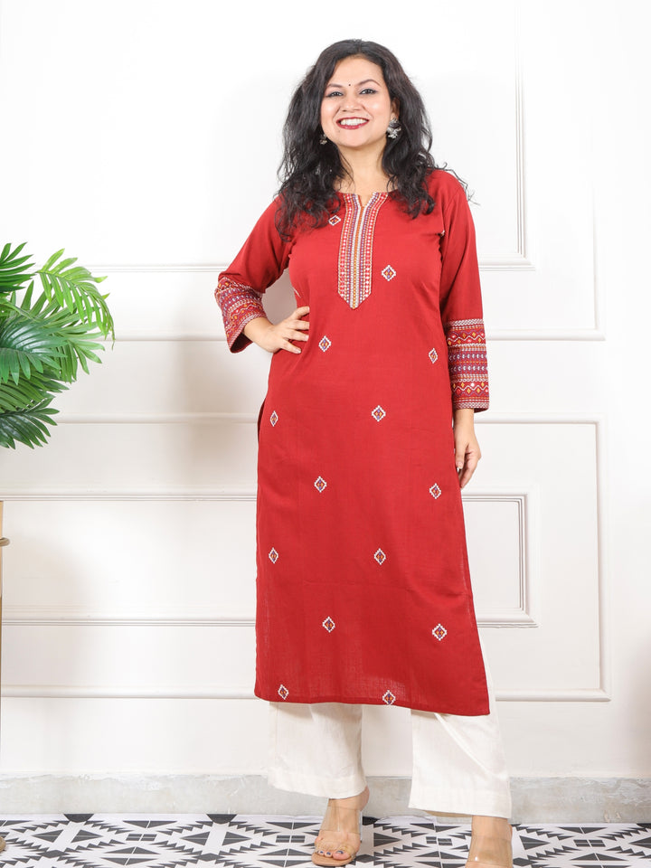 Kashish Bride Red Thread Work with Patra Detailing Cotton Kurti