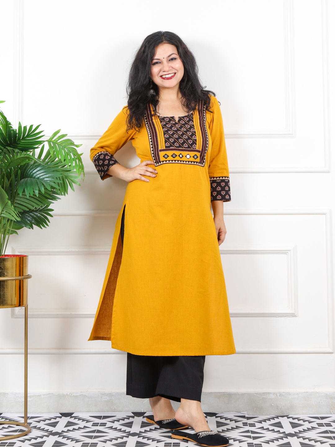 Rivaayi Canary Yellow with Black Printed Kutch Patch Neck Cotton Flex Kurti