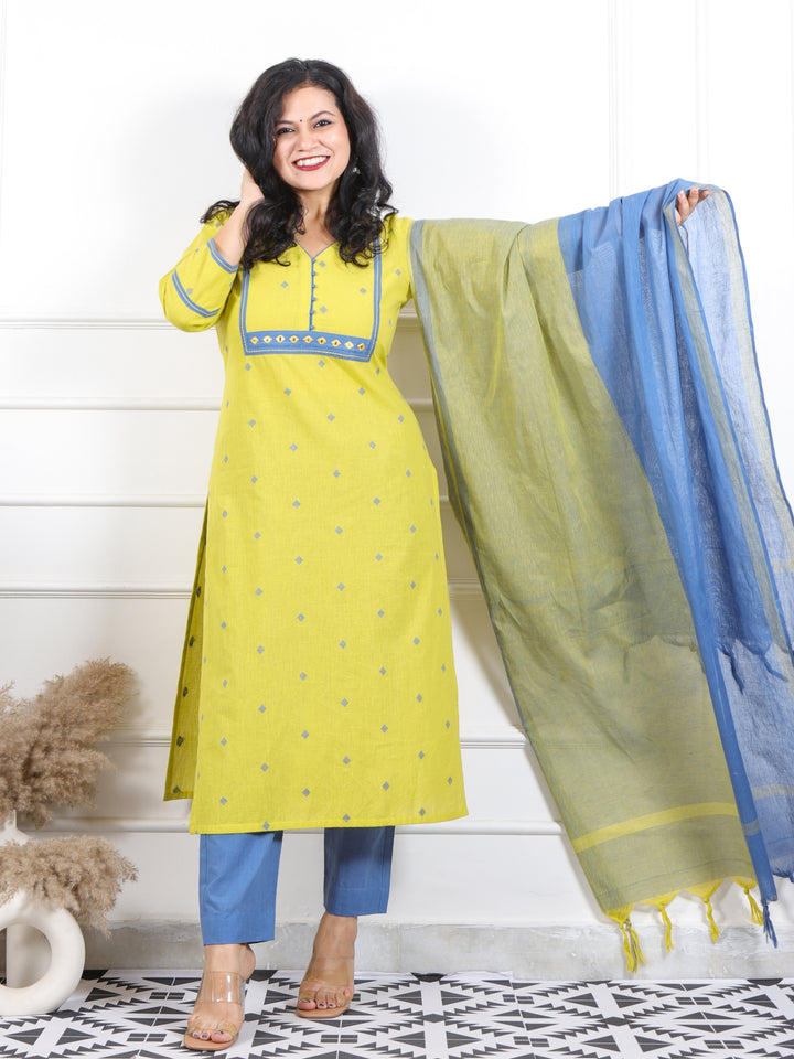 Roop Lemon Yellow All Over Thread Weaved Handloom Cotton 3 Piece Set