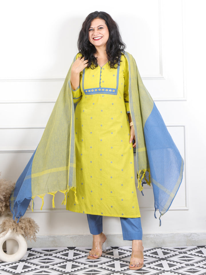 Roop Lemon Yellow All Over Thread Weaved Handloom Cotton 3 Piece Set