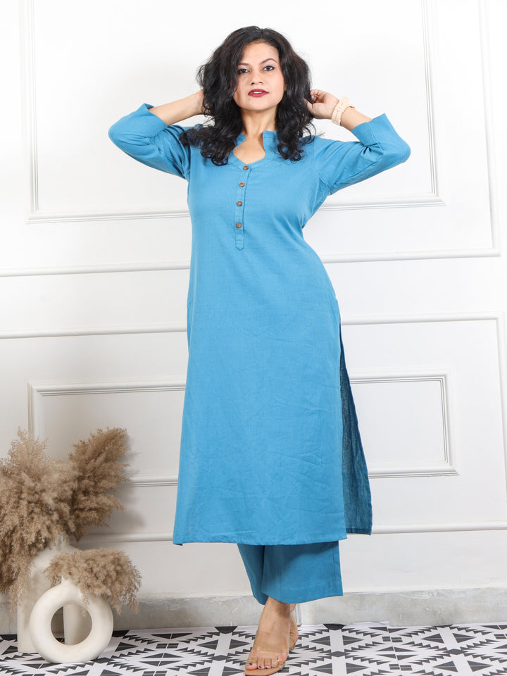 Ibaab Azure Blue Collar with Button Work Cotton Flex Co-ord Set