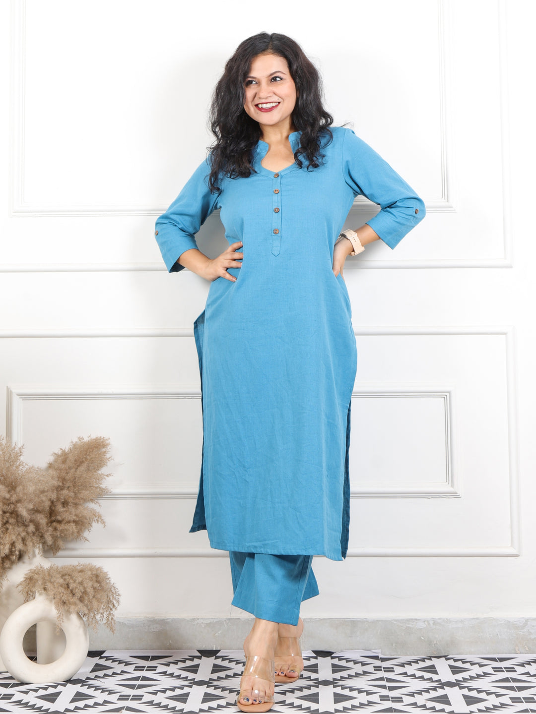 Ibaab Azure Blue Collar with Button Work Cotton Flex Co-ord Set