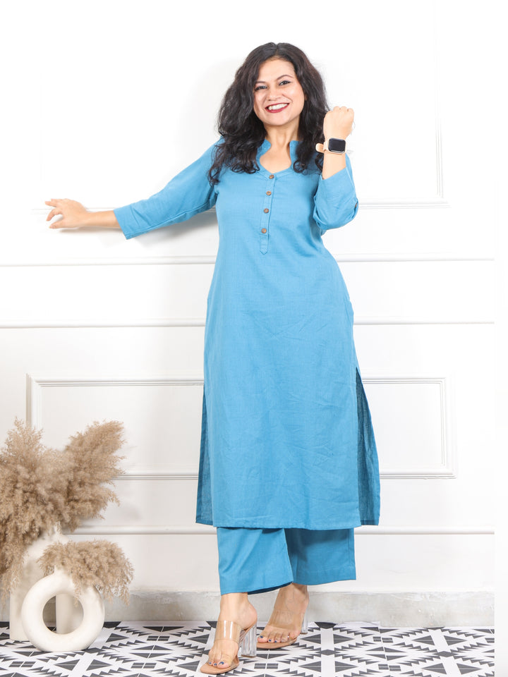 Ibaab Azure Blue Collar with Button Work Cotton Flex Co-ord Set