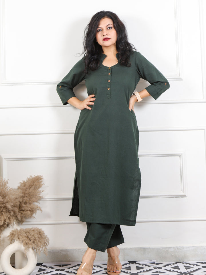 Ibaab Sacramento Green Collar with Button Work Cotton Flex Co-ord Set