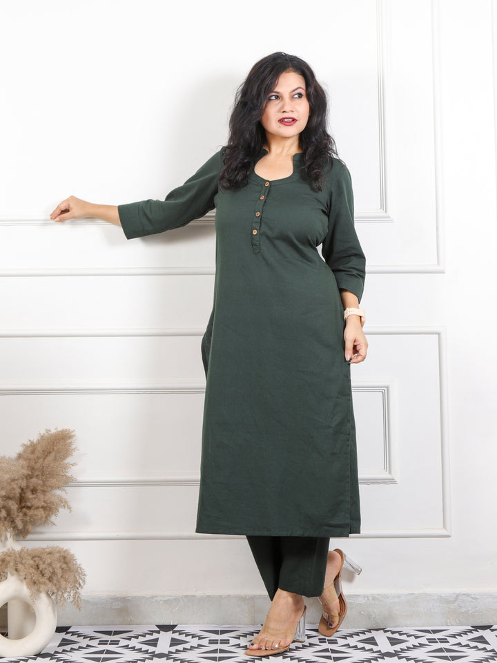 Ibaab Sacramento Green Collar with Button Work Cotton Flex Co-ord Set