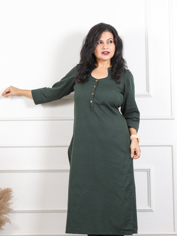 Ibaab Dark Green Plain Cotton Flex in Chinese Collar Neck with Button Kurti