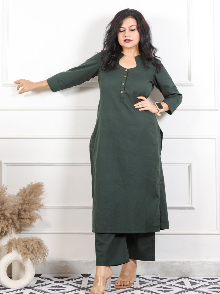 Ibaab Sacramento Green Collar with Button Work Cotton Flex Co-ord Set