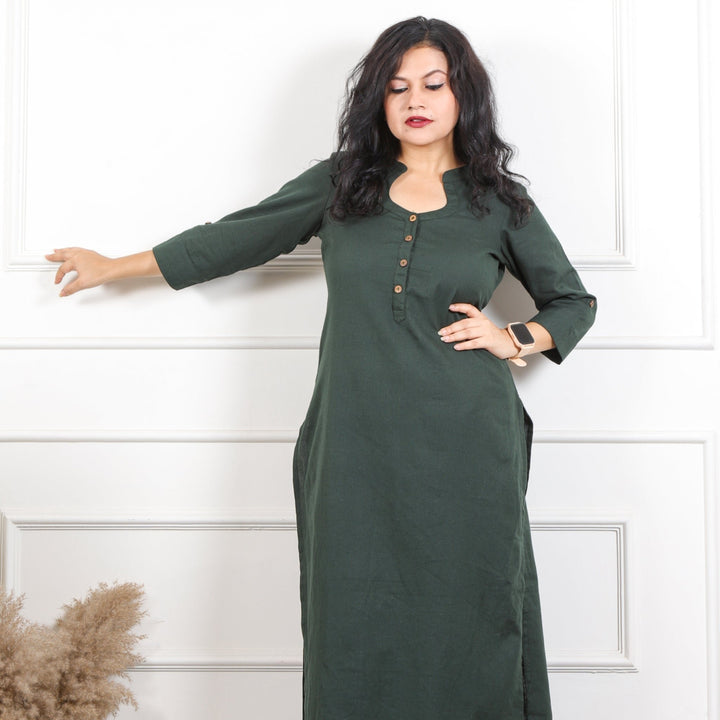 Ibaab Dark Green Plain Cotton Flex in Chinese Collar Neck with Button Kurti