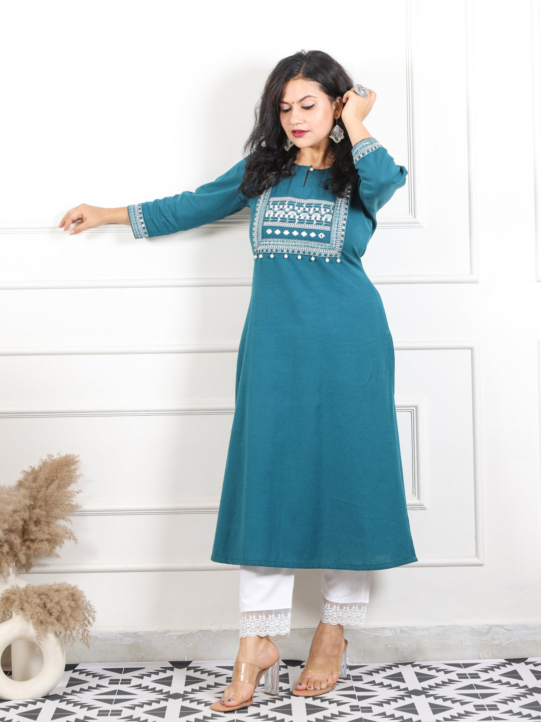 Ruksna Cerulean Blue Embellish Neck with Mirror in Cotton Flex Kurti