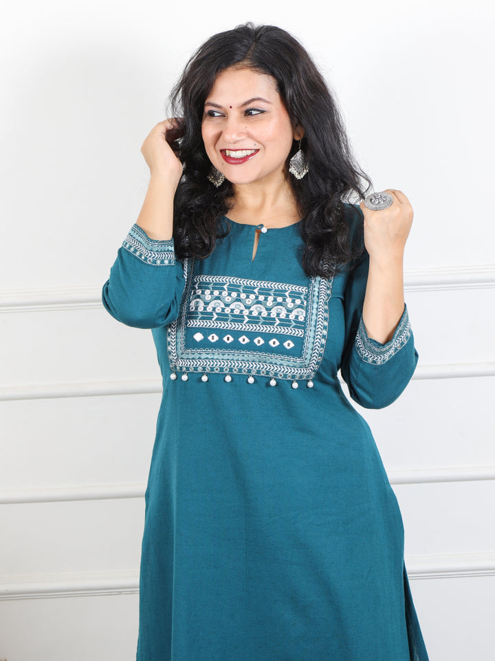 Ruksna Cerulean Blue Embellish Neck with Mirror in Cotton Flex Kurti