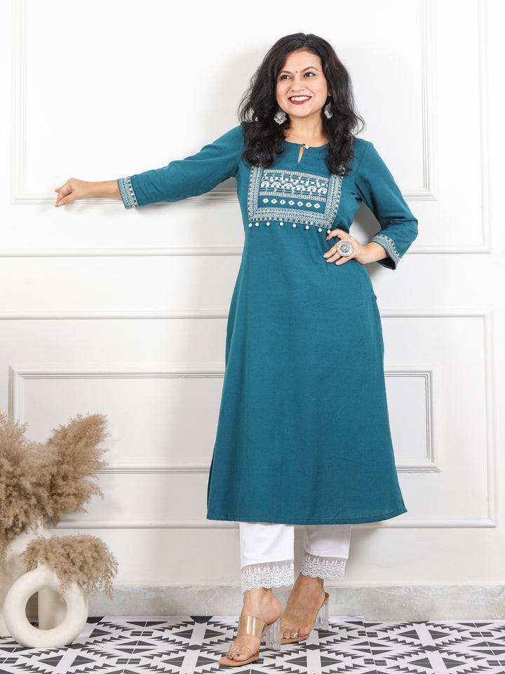 Ruksna Cerulean Blue Embellish Neck with Mirror in Cotton Flex Kurti