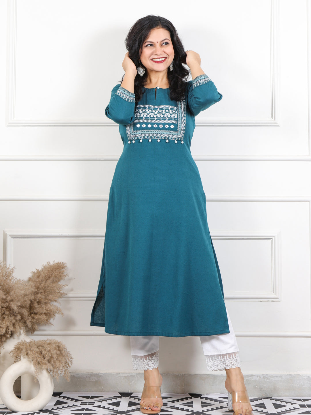 Ruksna Cerulean Blue Embellish Neck with Mirror in Cotton Flex Kurti