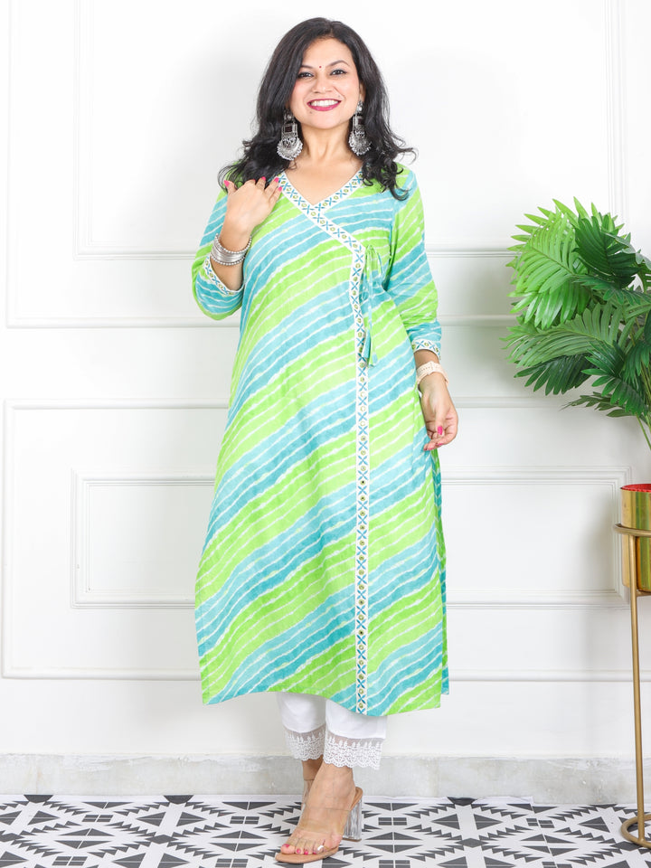 Lehrayi Parrot Green Long Angrakha Style leheriya Printed Cotton Kurti