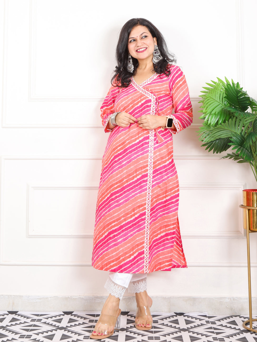 Lehrayi Hot Pink and Orange Long Angrakha Style leheriya Printed Cotton Kurti