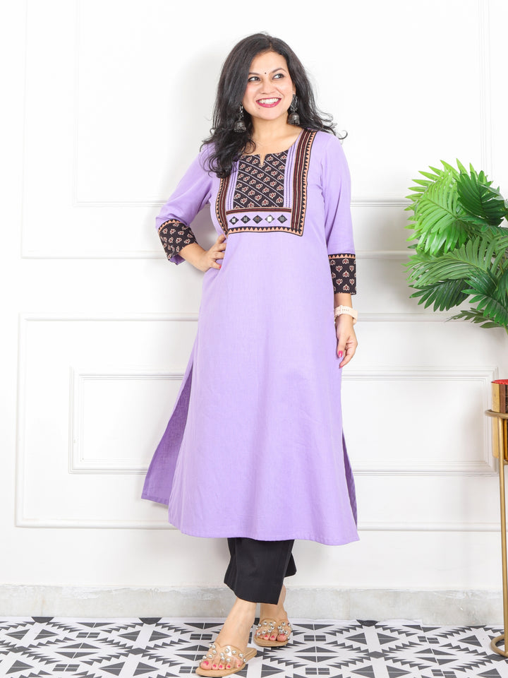 Rivaayi Soft Lavender with Black Printed Kutch Patch Neck Cotton Flex Kurti