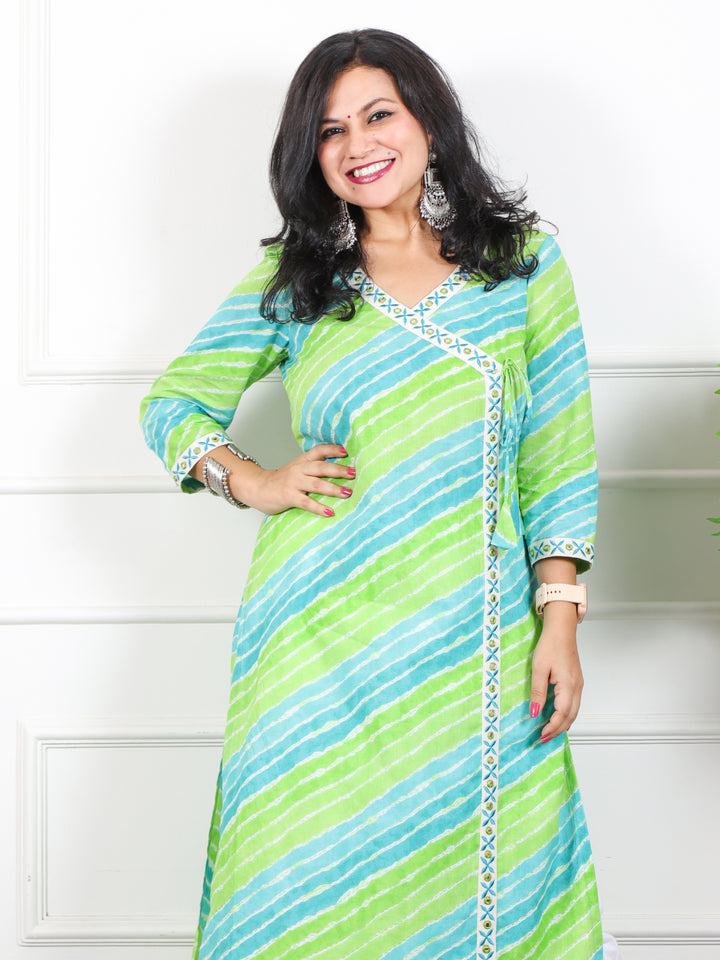 Lehrayi Parrot Green Long Angrakha Style leheriya Printed Cotton Kurti