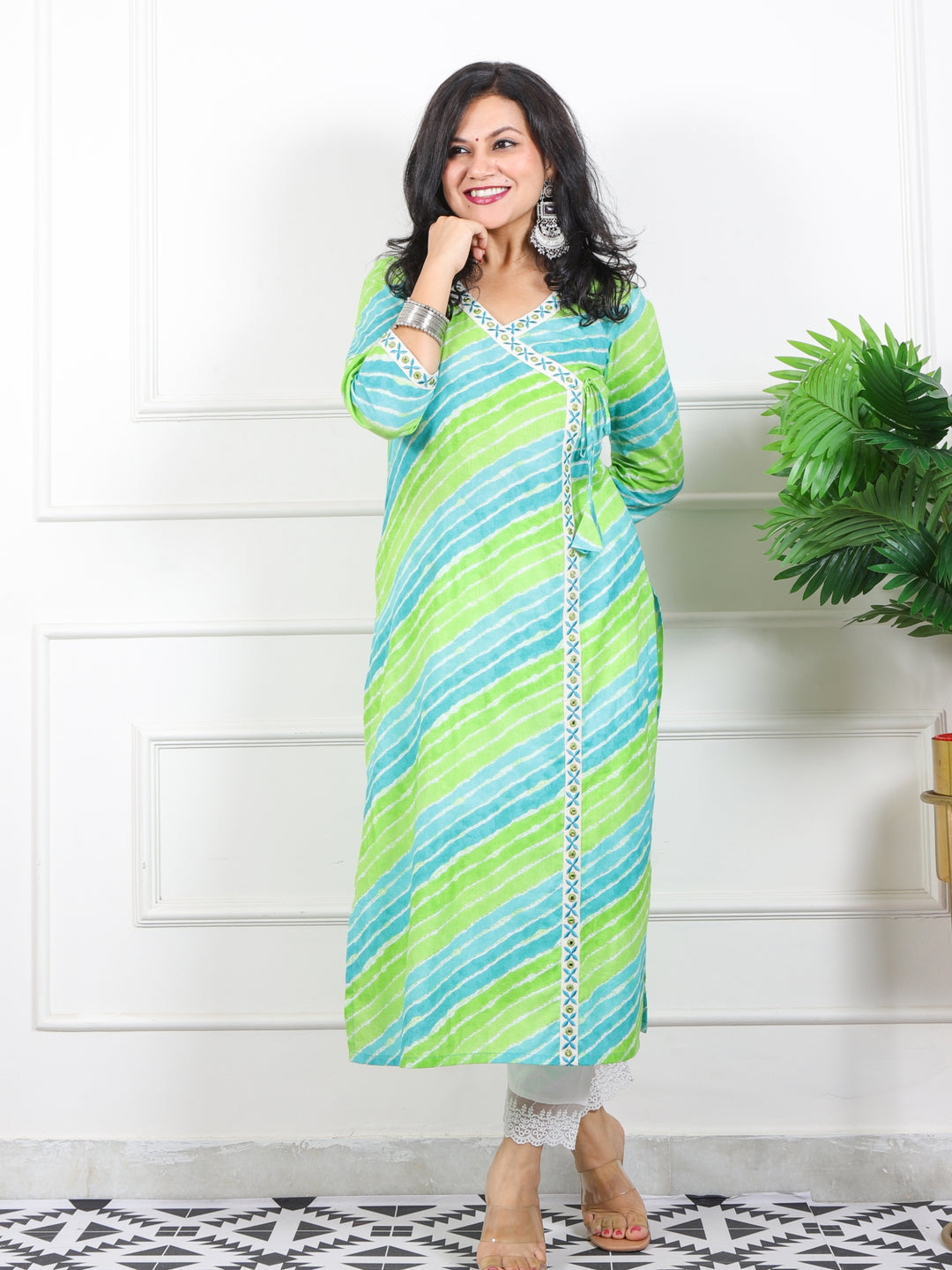 Lehrayi Parrot Green Long Angrakha Style leheriya Printed Cotton Kurti