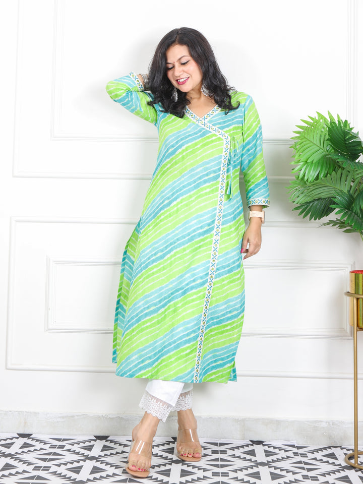 Lehrayi Parrot Green Long Angrakha Style leheriya Printed Cotton Kurti