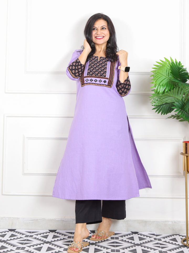 Rivaayi Soft Lavender with Black Printed Kutch Patch Neck Cotton Flex Kurti