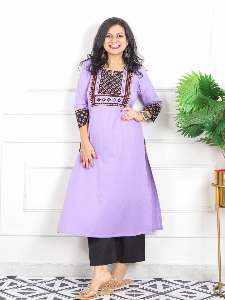 Rivaayi Soft Lavender with Black Printed Kutch Patch Neck Cotton Flex Kurti