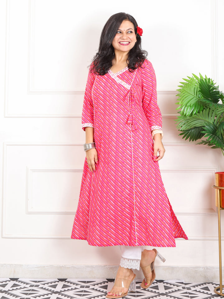 Lehrayi Rani Pink Angrakha Style leheriya Printed Cotton Kurti