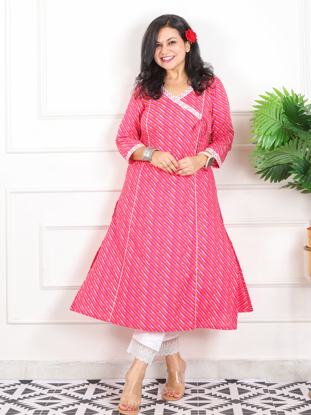 Lehrayi Rani Pink Angrakha Style leheriya Printed Cotton Kurti