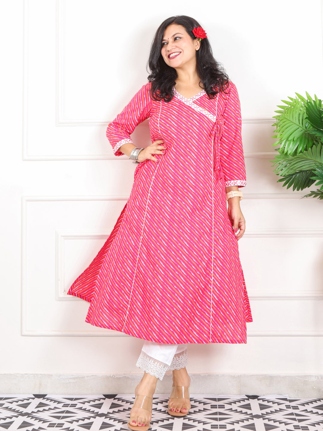 Lehrayi Rani Pink Angrakha Style leheriya Printed Cotton Kurti