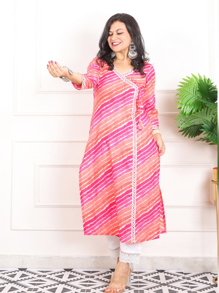 Lehrayi Hot Pink and Orange Long Angrakha Style leheriya Printed Cotton Kurti