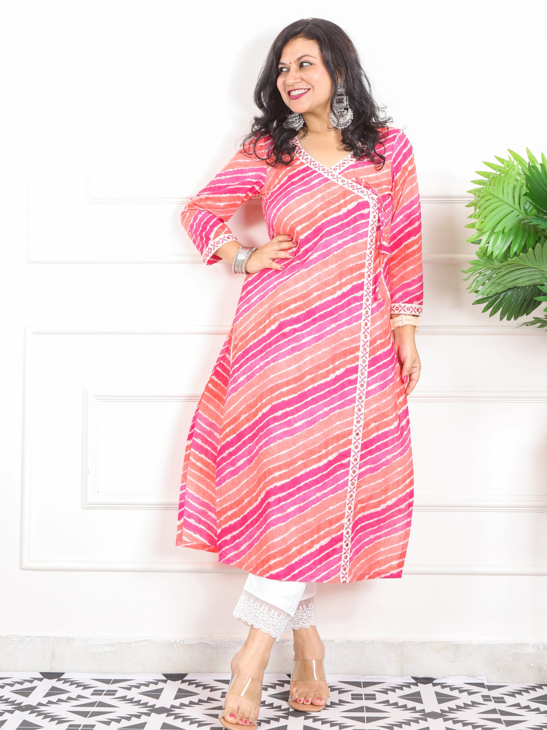 Lehrayi Hot Pink and Orange Long Angrakha Style leheriya Printed Cotton Kurti