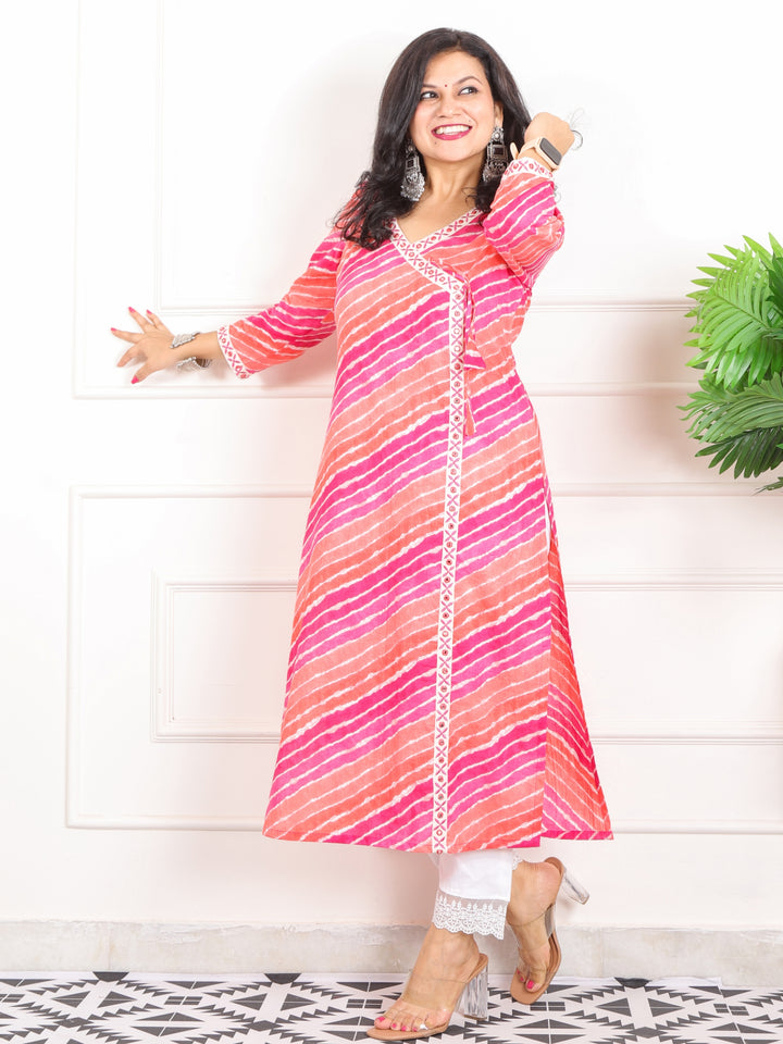 Lehrayi Hot Pink and Orange Long Angrakha Style leheriya Printed Cotton Kurti