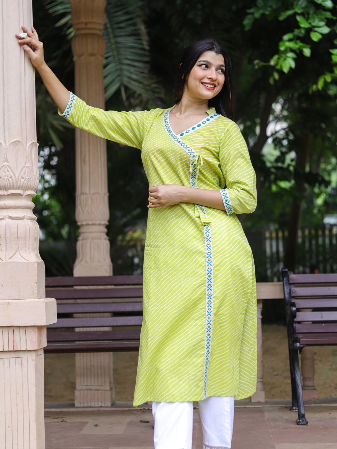 Barkha Light Minty Yellow Angrakha Neck In leheriya Printed Cotton Kurti