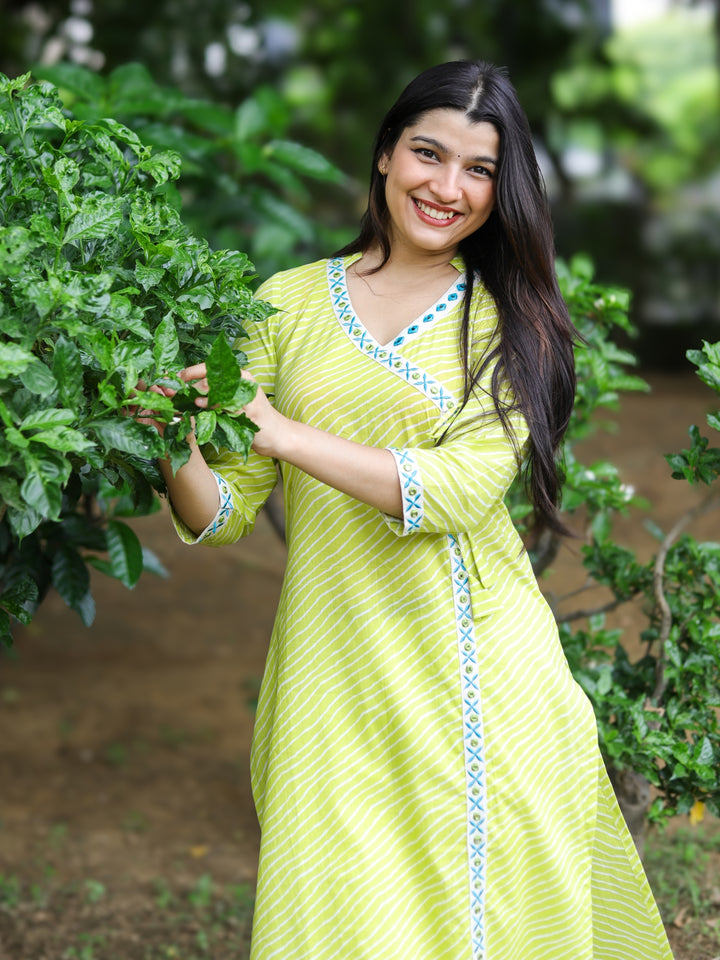 Barkha Light Minty Yellow Angrakha Neck In leheriya Printed Cotton Kurti