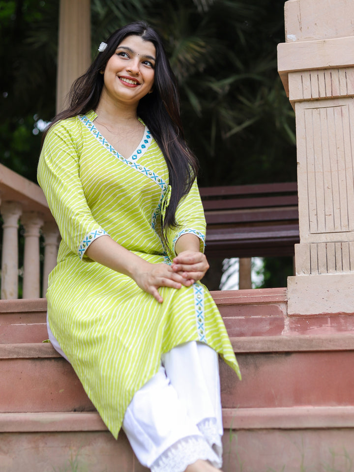 Barkha Light Minty Yellow Angrakha Neck In leheriya Printed Cotton Kurti