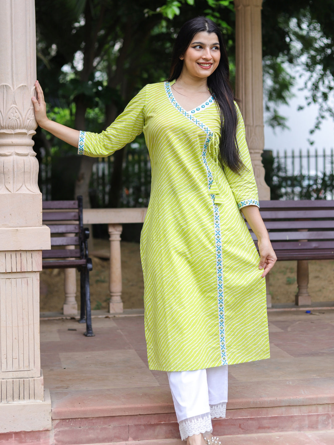 Barkha Light Minty Yellow Angrakha Neck In leheriya Printed Cotton Kurti