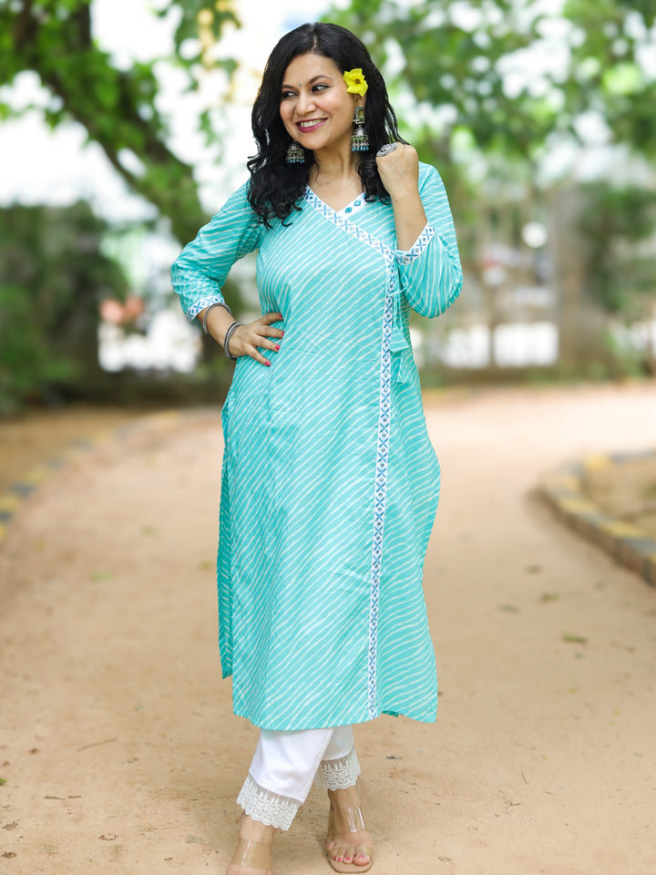 Barkha Aqua Blue Angrakha Neck In leheriya Printed Cotton Kurti