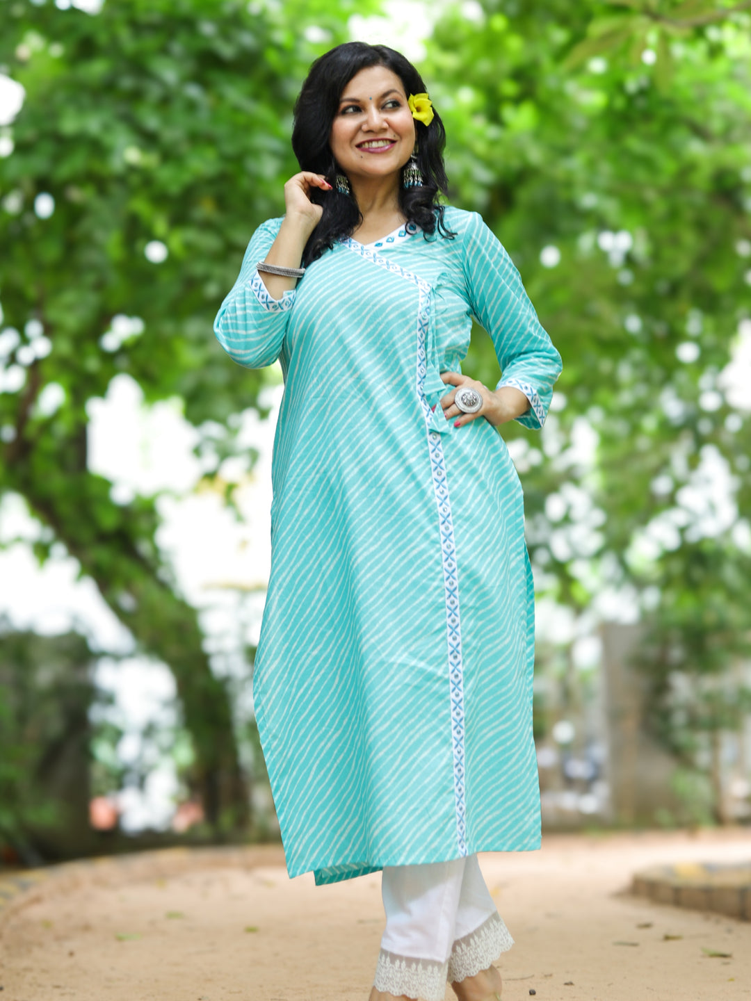 Barkha Aqua Blue Angrakha Neck In leheriya Printed Cotton Kurti