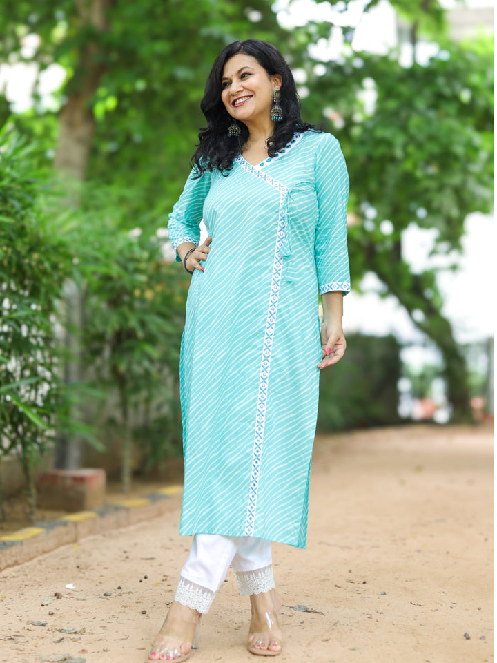Barkha Aqua Blue Angrakha Neck In leheriya Printed Cotton Kurti
