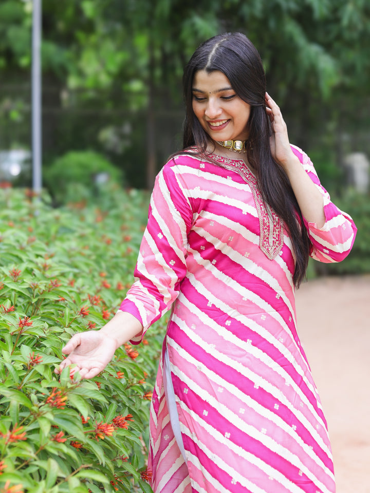 Zeenat Barbie Pink Zari Lace Work In Leheriya Printed Muslin Modal Kurti
