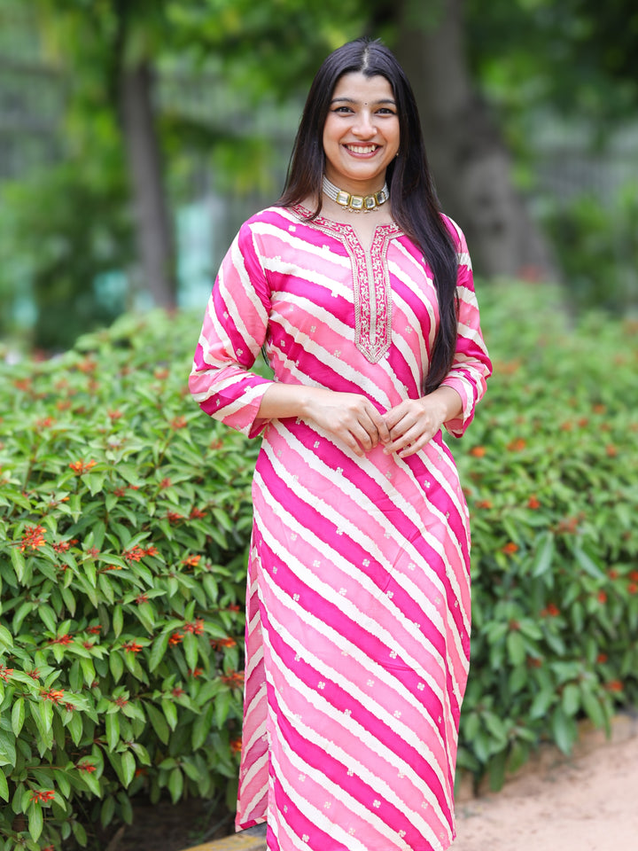Zeenat Barbie Pink Zari Lace Work In Leheriya Printed Muslin Modal Kurti